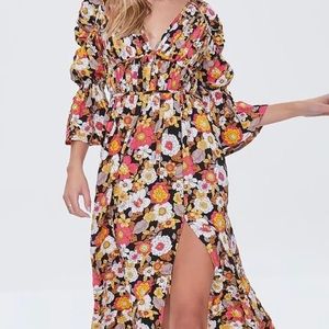 Forever 21 Floral Print Bell Sleeve V Neck Maxi Dress Sz M